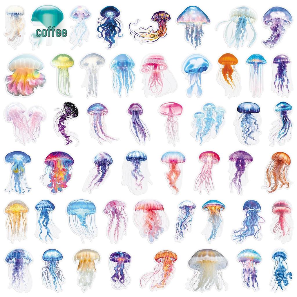 50 Transparent Jellyfish Cartoon Fun Stickers: Creative, Waterproof for Guitar, Fridge, Desktop, and Water Cup (50 Sheets)