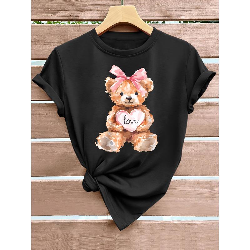 

European Size Women s Cute Bear with Pink Bow & Love Heart Print T-Shirt - Short Sleeve Round Neck Blouse 4XL чорний