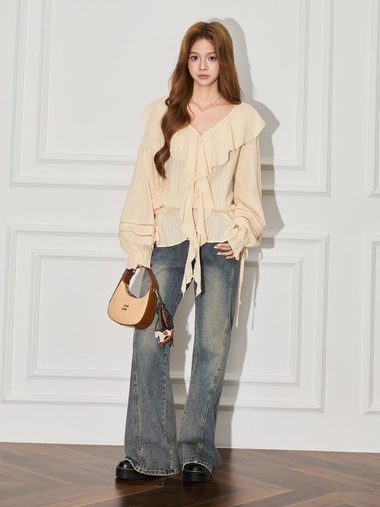 Damen French Apricot Rüschen V-Ausschnitt Laternenärmel Top