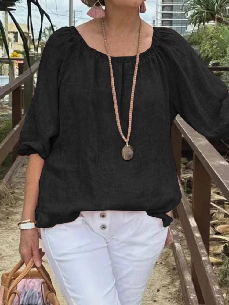 Solid color round neck mid sleeve cotton linen casual top