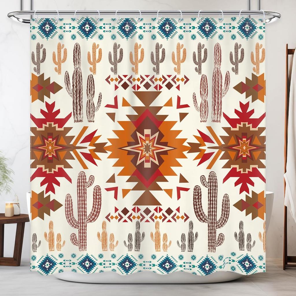 Western Aztec Shower Curtain Abstract Vintage Boho Retro Geometric Tribal Ethnic Native Bathroom Set American Southwestern