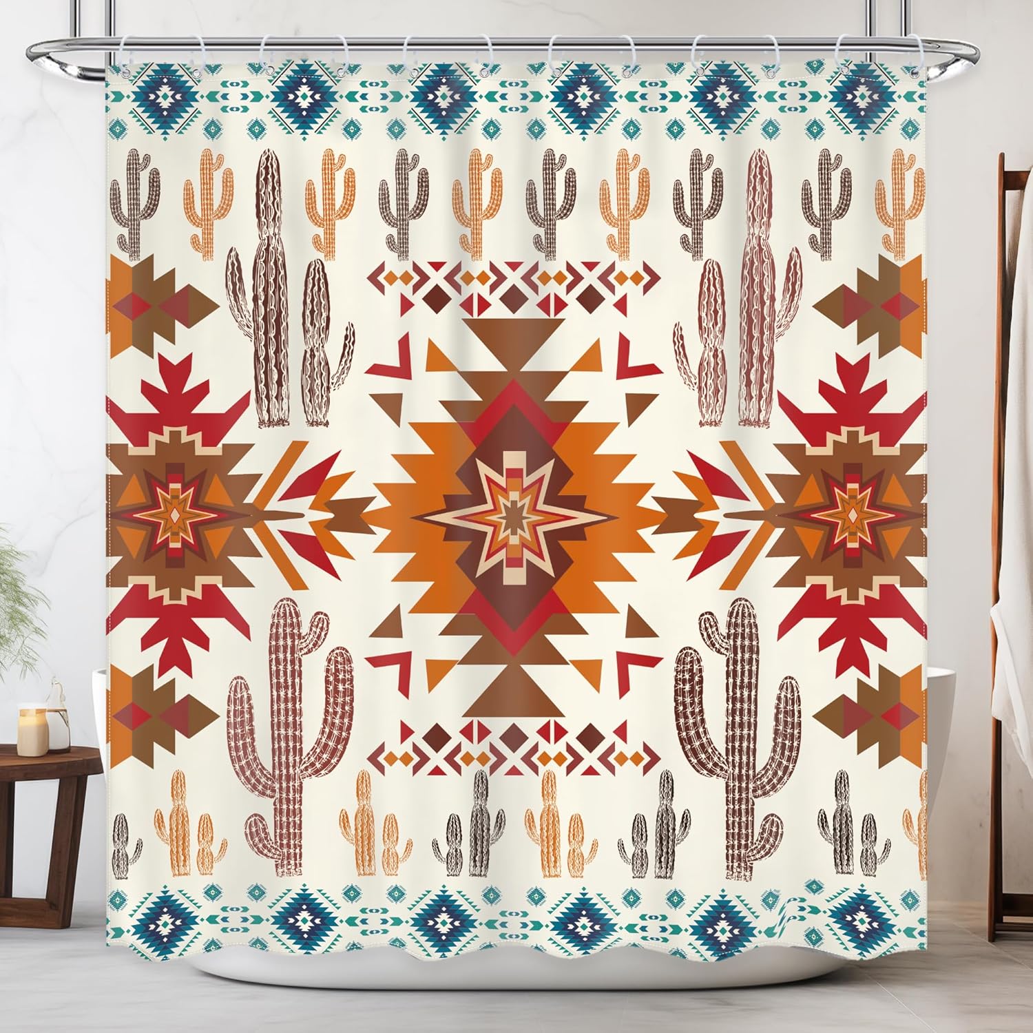 Dunika Chen Orange/Brown Western Aztec Cactus Shower Curtain Southwestern Boho Tribal Geometric Ethnic Bathroom Native American Waterproof