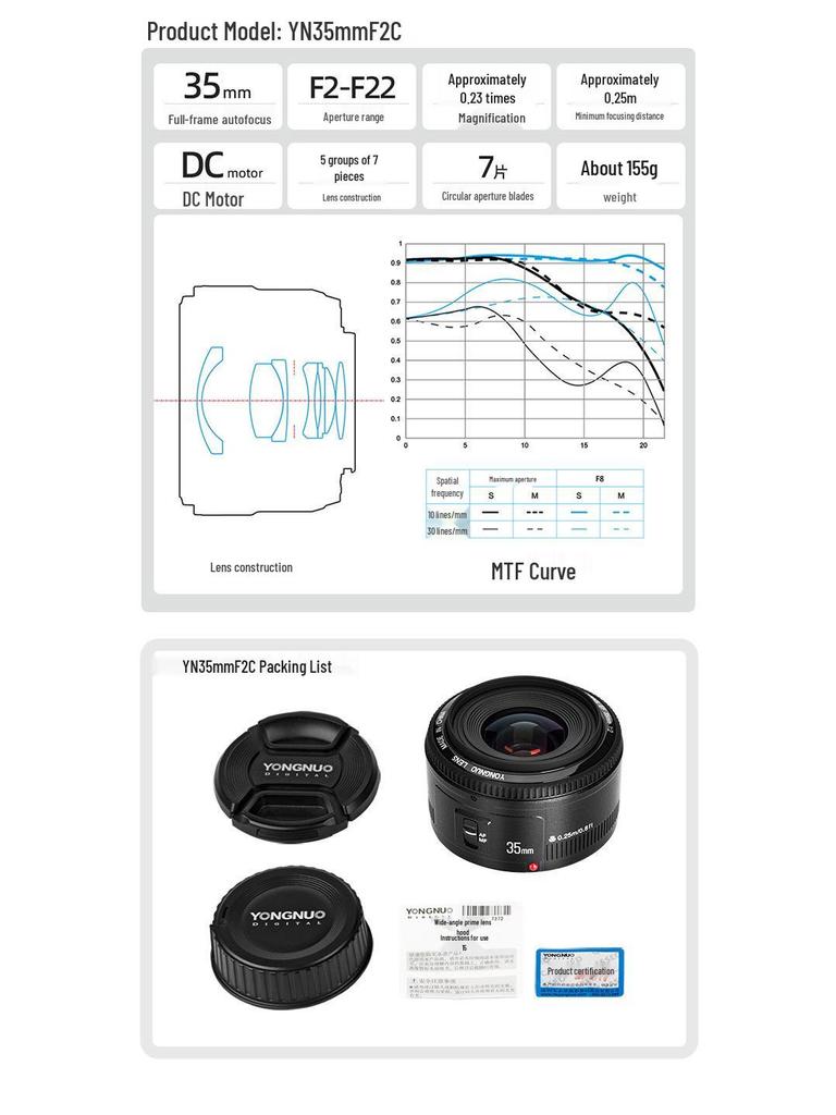 Yongnuo 35mm F2 Auto Wide-Angle Prime Lens for Canon EF & Nikon F DSLR