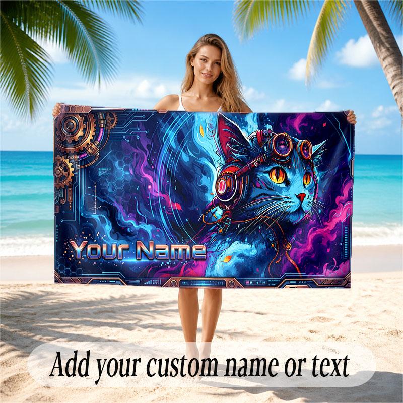 Cat Theme Soft Beach Towel Personalized Custom Name Text Towel Portable for Beach Pool Travel