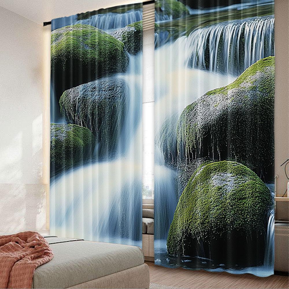 

2 шт. Занавеска-водопад Величественная река Заблокированные массивные камни Мох на них Подходит для гостиной и спальни 29x65in(75x166cm)