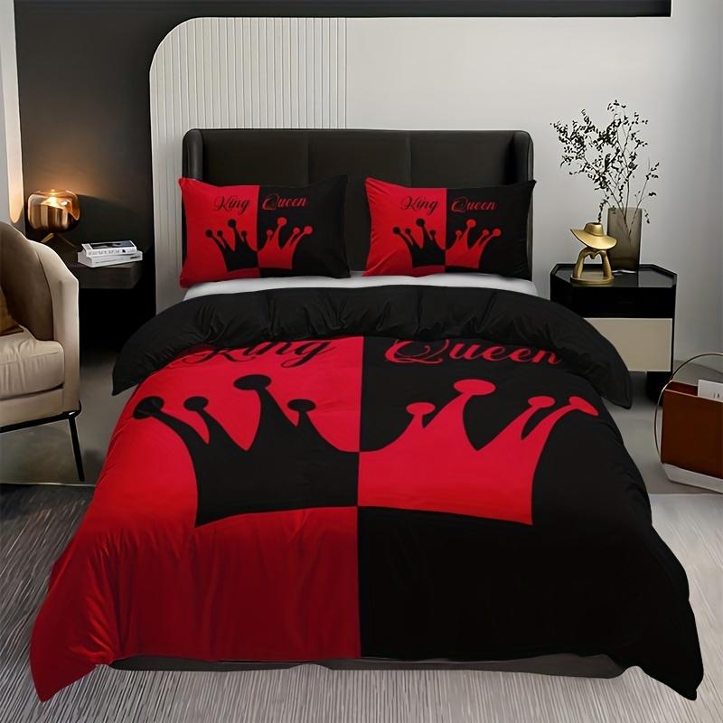 3-Piece Black And Red Crown Pattern Duvet Cover Set - Soft, Breathable, And Hypoallergenic Bedding For Bedroom And Guest Room