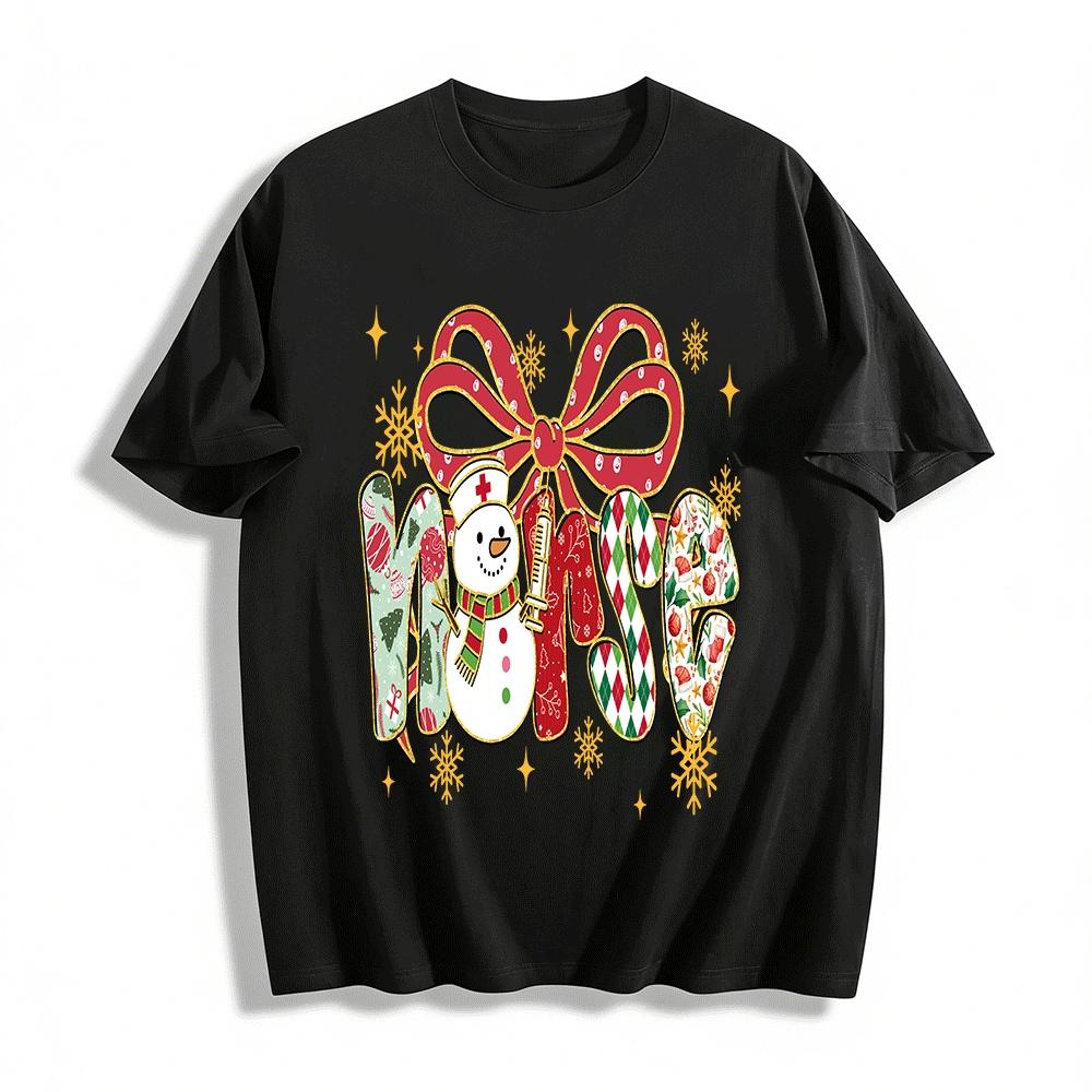 Christmas Nurse Snowman Print Casual Top Pure cotton T-shirt XXS