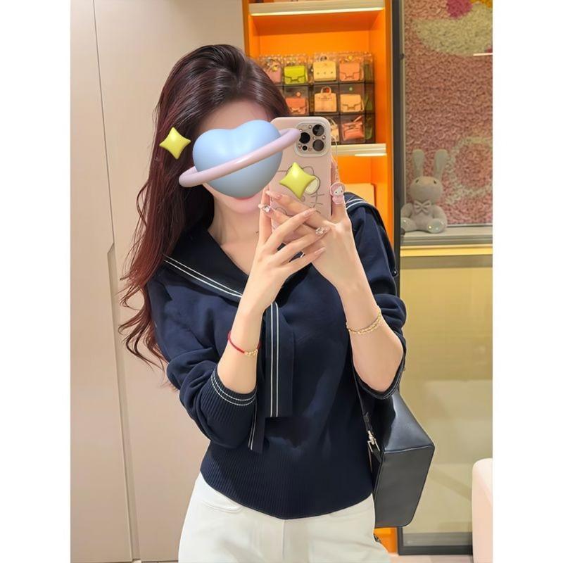 College Style Navy Collar Autumn and Winter Knitted Sweater Versatile Design Sense Fashion Short Top Women