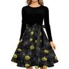 Women's Casual Halloween Print Round Neck Vintage Dress Long Sleeve Fit and Flare Midi Dress with Waist Tie for Seasonal Occasion