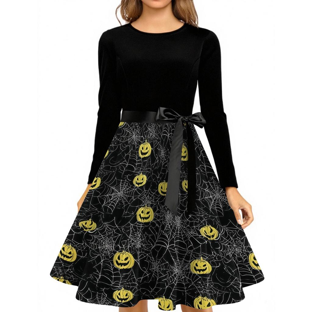Women's Casual Halloween Print Round Neck Vintage Dress Long Sleeve Fit and Flare Midi Dress with Waist Tie for Seasonal Occasion