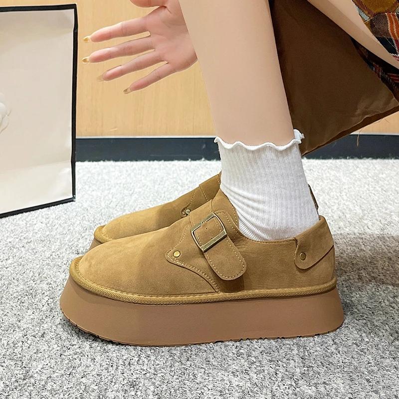 New Women's Pumps Round Toe Flat Shoes for Women Mid Heel Slip-on Loafers Outdoor Solid Color Platform Shoes Buckle Strap Flats