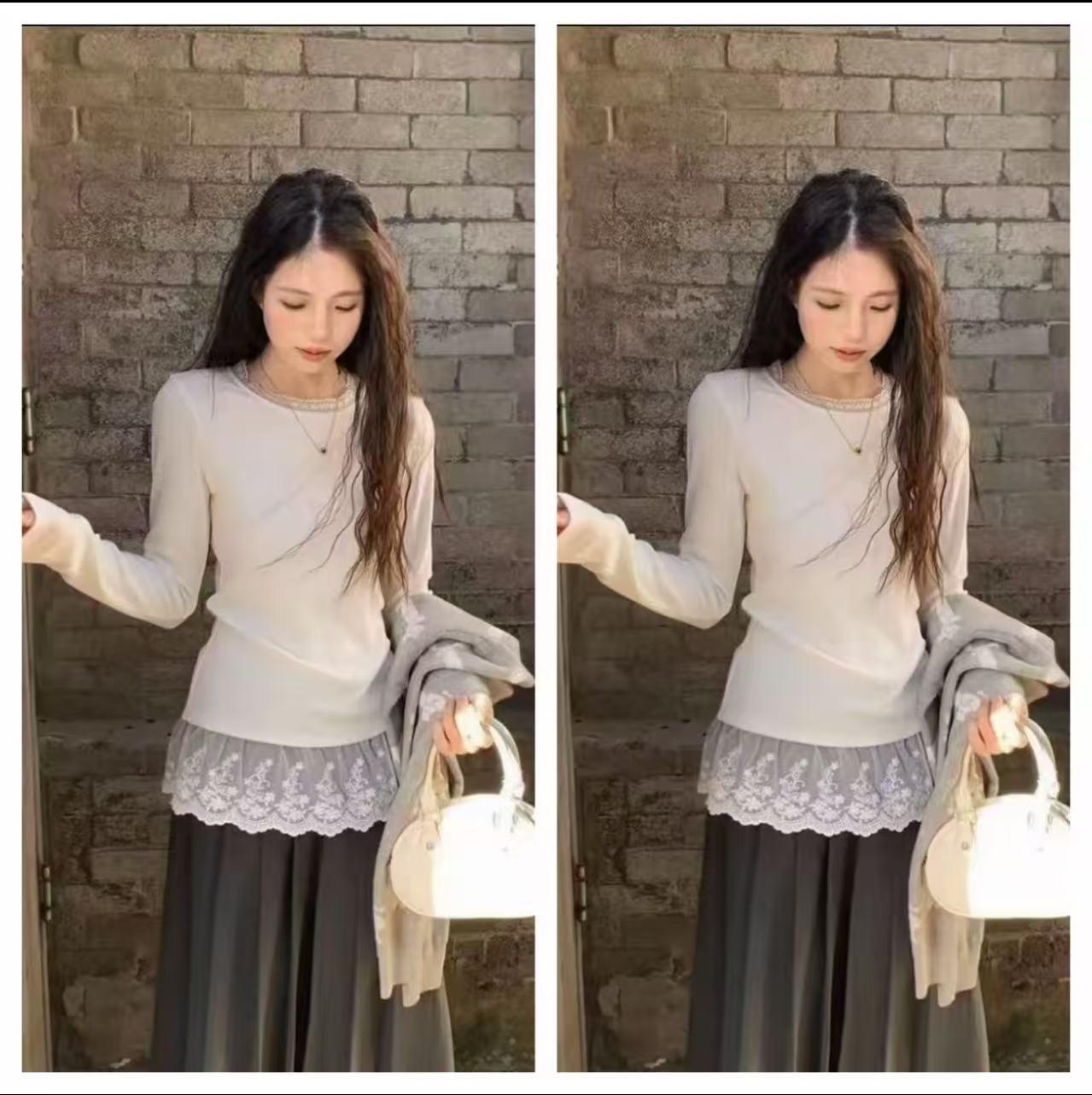 

2025 French Retro Lace Long Sleeve Base Layer Top for Women - Autumn/Winter Versatile Slim Fit XL
