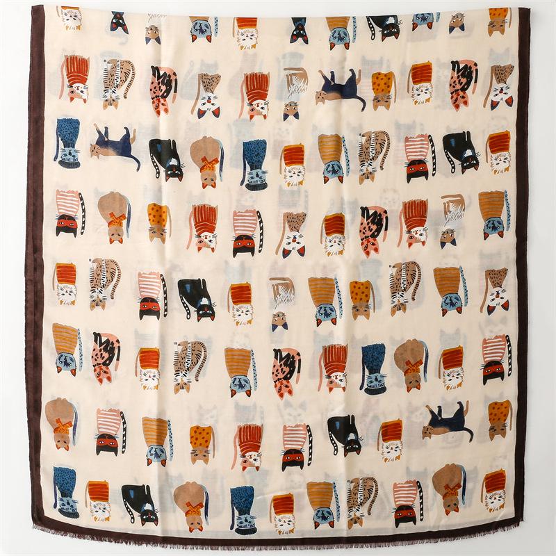 Autumn/Winter Cotton-Linen Silk Scarf: Fashionable Cartoon Kitten Print Shawl for Women