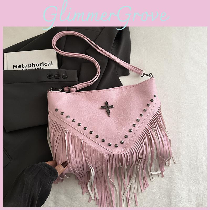 Bohemian Fringe Single Shoulder Bag With Rivets Pu Material For Casual Day Use