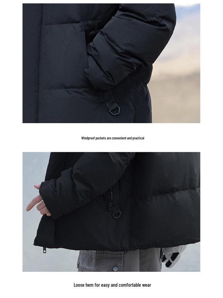 Men's 2025 Winter Hooded Down Jacket - Color Block, Zipper Pockets, Thick, Loose Fit, 90% White Duck Down.