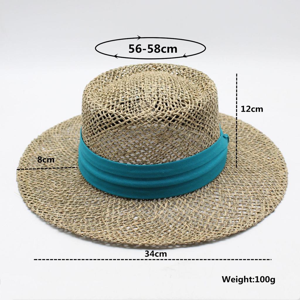 Big Eaves Hat Children Summer Travel Beach Hat Seaside British Flat Top Salty Grass Hollow Sunshade Sun Protection Straw Hat