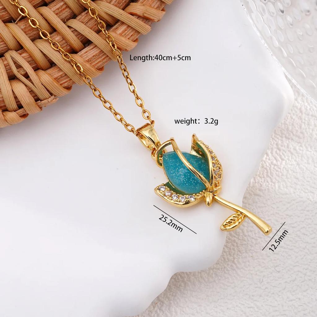 Elegant Colorful Crystal Zircon Tulip Flower Pendant Necklaces for Women Girls Gold Color Stainless Steel Chain Flower Jewelry