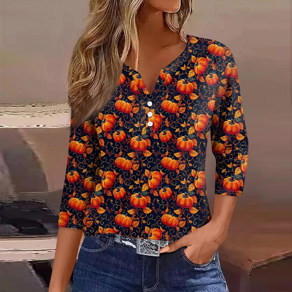 Women's Fashion Casual Halloween Printed V.Neck Short Sleeve Decorative Button Three.quarter Sleeve T-shirt Tor