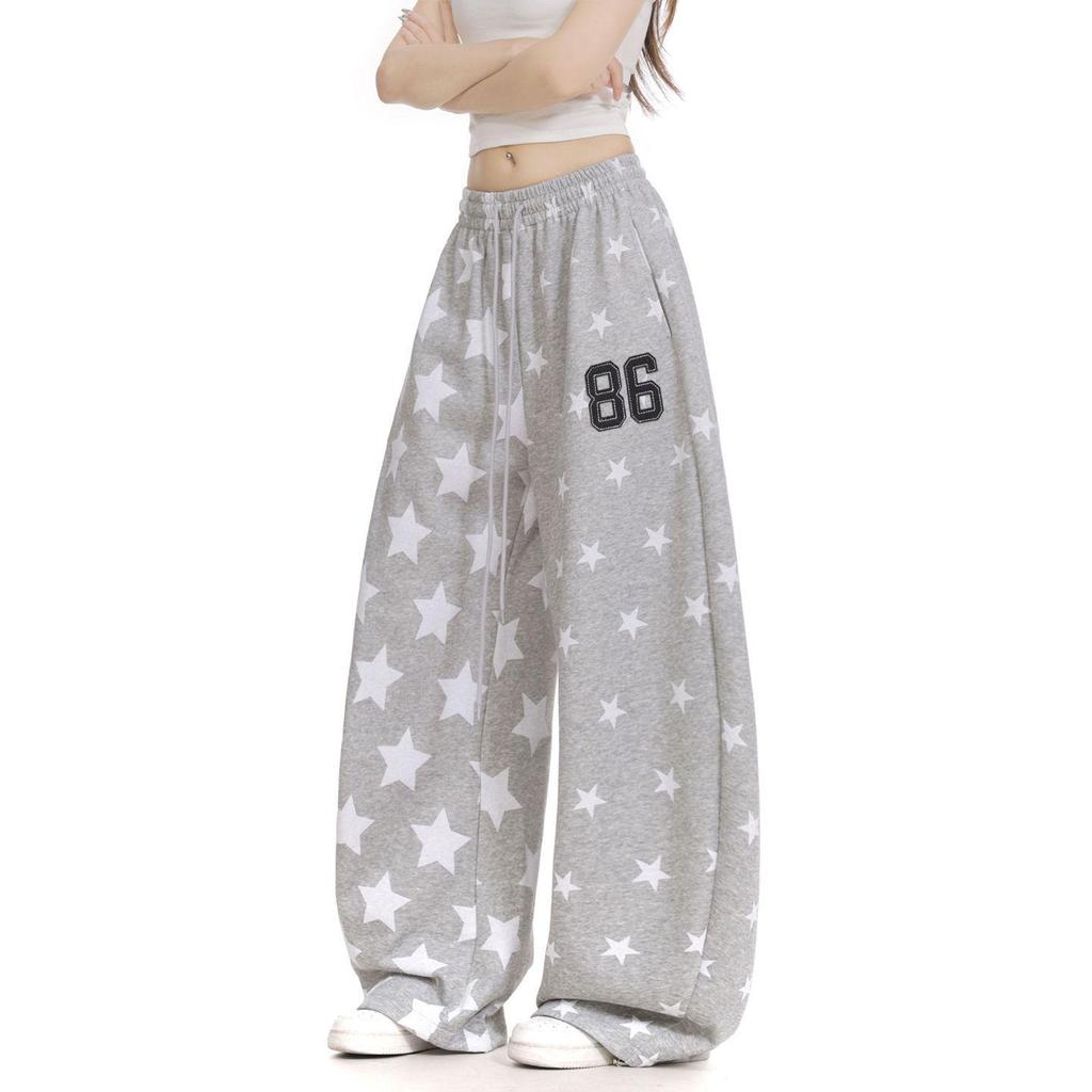 Women's Retro Star Print Curved Blade Sweatpants - Loose Wide-Leg Design for Autumn/Winter Street Dance