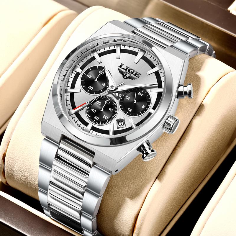 LIGE Mens Watches Fashion Business Quartz Wristwatches Waterproof Stainless Steel Chronograph Luminous Auto Date Watch for Man