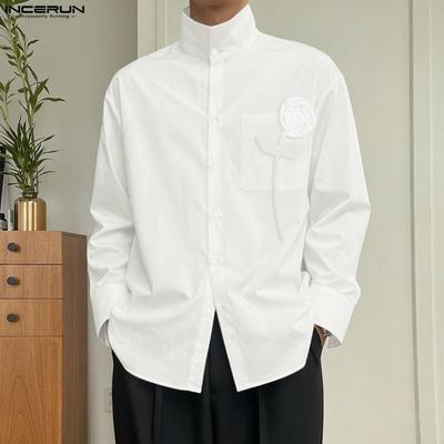 S-5XL Men Stand Neck Long Sleeve Buttons Flower Casual Shirts