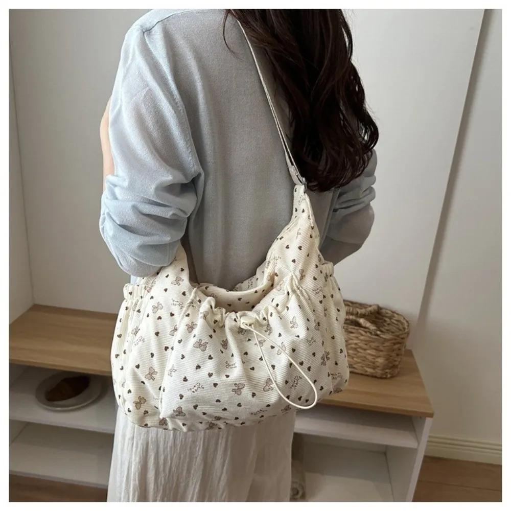 New Corduroy Crossbody Bag Polka Dot Large Capacity Shoulder Bag Butterfly Knot Tote Bag