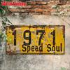 Vintage Metal License Plate Wall Art - "1971 Speed Soul" Rustic Yellow Sign with Black Numbers, Es, Perfect for Garage, Bar, Ca