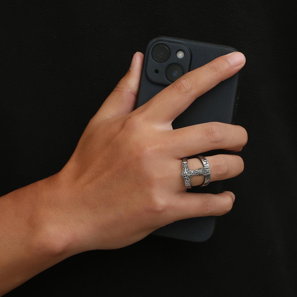 Retro Nordic Viking Text Thors Hammer Titanium Steel Ring for Men