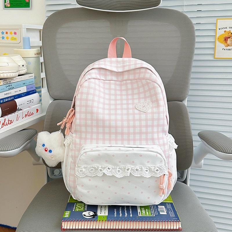Schoolbag new small fresh plaid lace backpack women's daily versatile large capacity going out commuting student schoolbag backpack