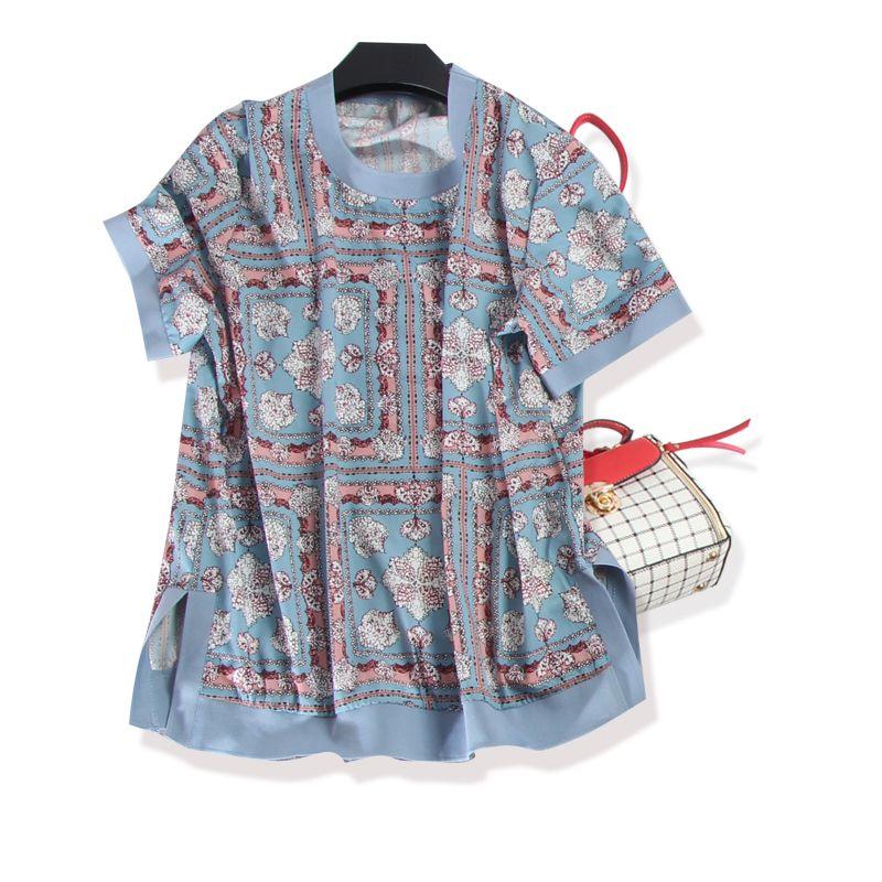 

Stylish! Milanxiu Theme Geometric Pattern Elegant Blue Women s New Summer Silk T-shirt Draping Feet Lake Blue L