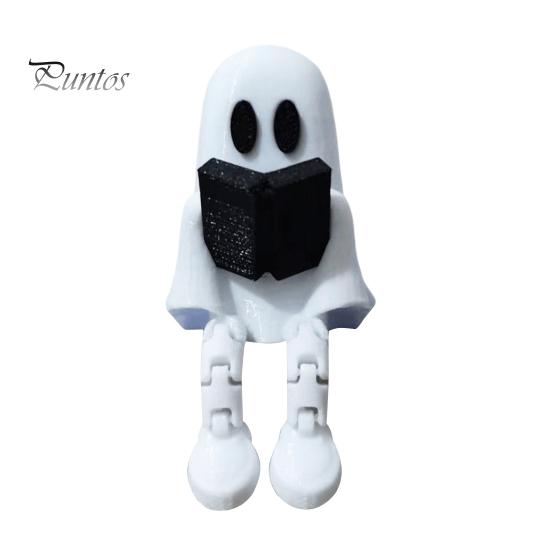 Desktop Ghost Ornament Reading Figurine with Articulated Legs, 3D Printed Sitting Statue, White Desk for Halloween Decoration Artistic