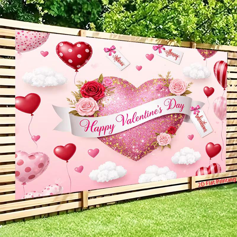 Happy Valentine's Day Tapestry, Pink Glitter Heart Background Cloth, Romantic Party Decor