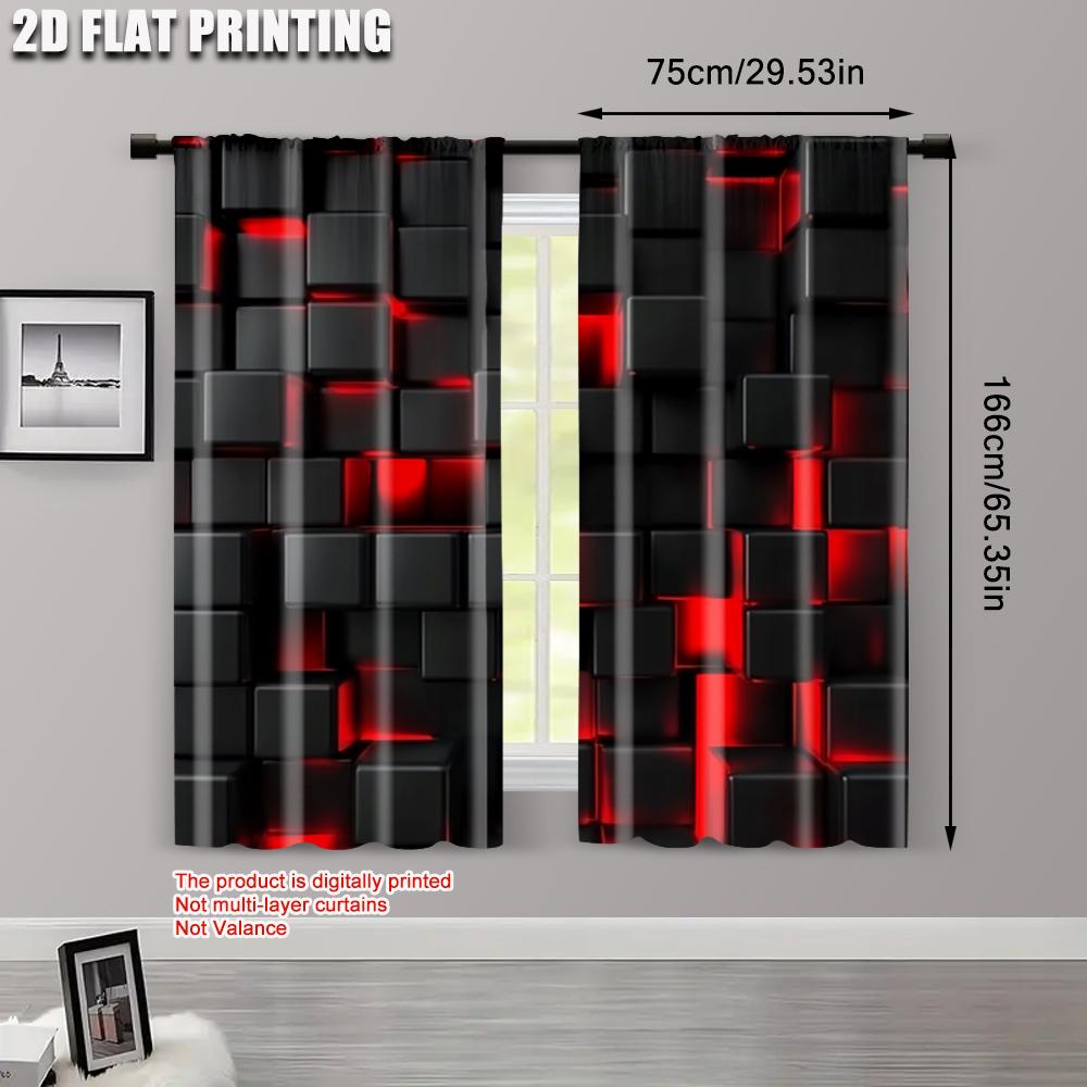 2pcs   2D flat printing Curtains Abstract Cubes Red Black Art Durable Polyester  Without Electricity Versatile Use for polyester