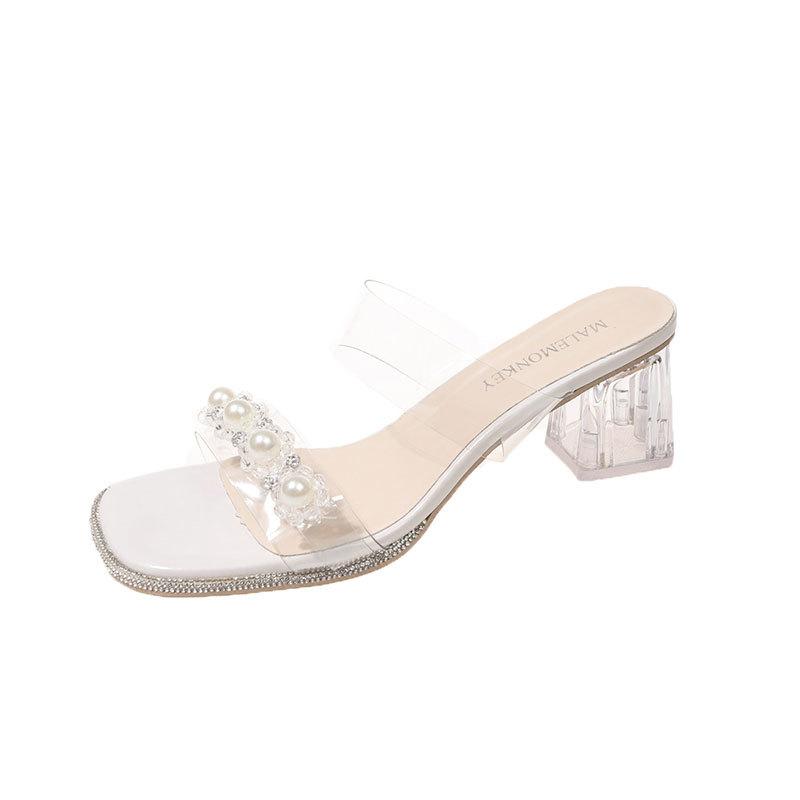 Fairy wind high-heeled slippers female summer wear 2025 new transparent rhinestone one-word drag crystal thick-heeled cool slippers