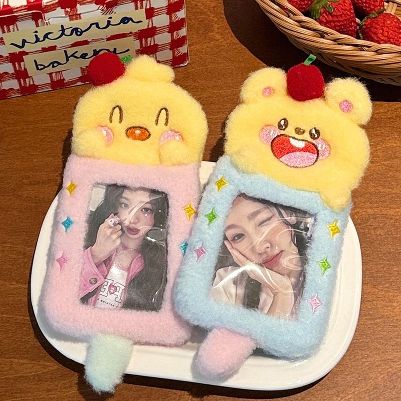 Cartoon Plush Photocard Holder Kawaii Bear Photo Album Students Idol Card Protective Covers Girls Bag Hanging Pendants