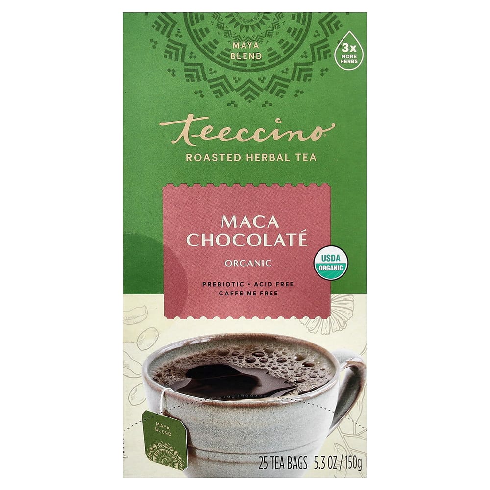 Teeccino Maca Chocolate Roasted Herbal Tea, Caffeine-Free, 25 Tea Bags, 150g (5.3oz)