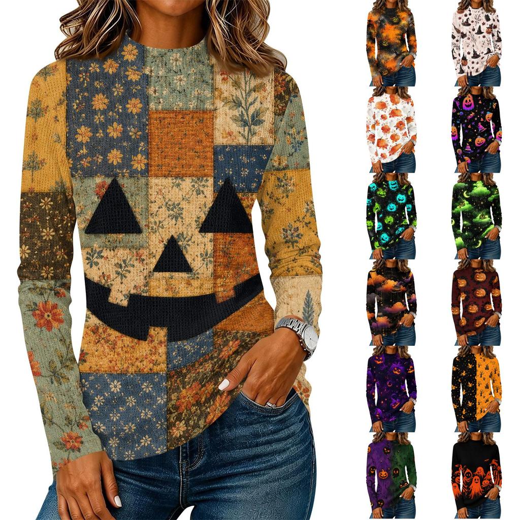 Damen Halloween Langarm T-Shirt Strick Lässig Rundhals Pullover Top