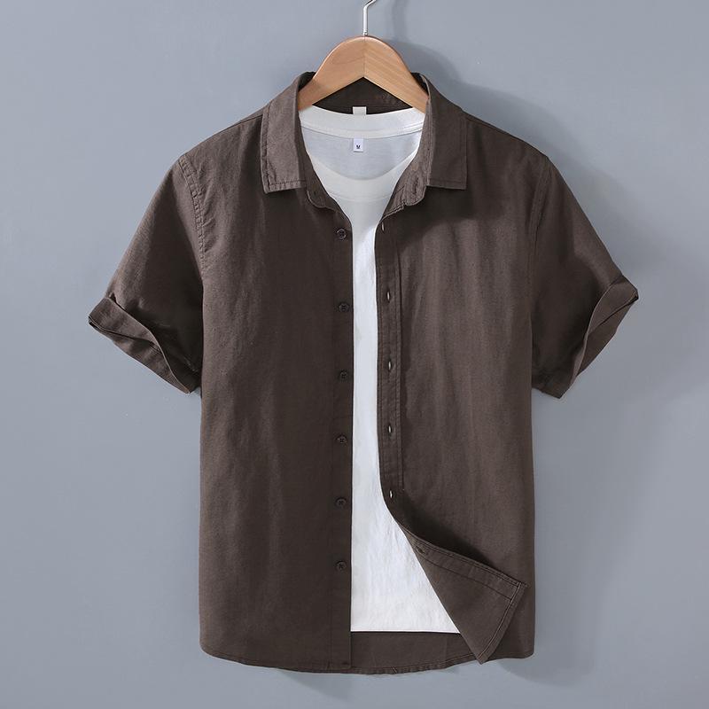 

Summer Men s Cotton Linen Square Collar Short Sleeve Shirt - Casual Solid Color Top XL