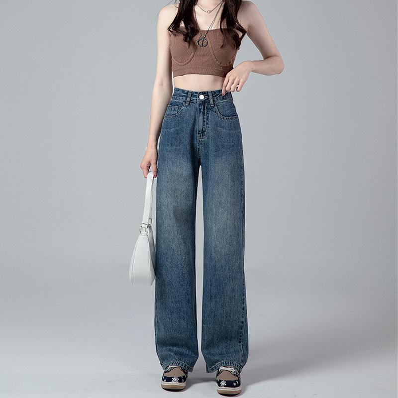 Women's Vintage High Waist Wide Leg Jeans: Retro Washed, Loose Fit, Plus Size, Floor-Length, Casual Drape Style
