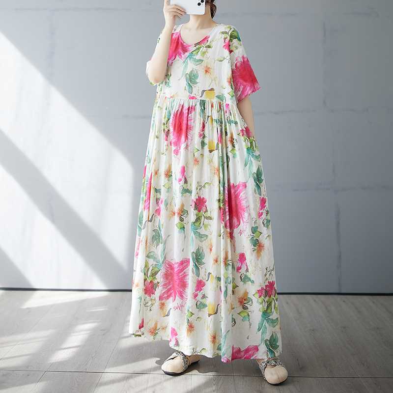 Women's Simple and Fashionable Long Skirt, Short Sleeved Round Neck Printed Dress