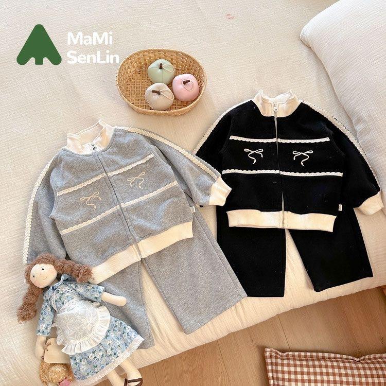 Girls Spring Autumn Casual Two Piece Set With Bow Tie Jacket And Pants Stylish Kids Clothing Outfit For Little Girls