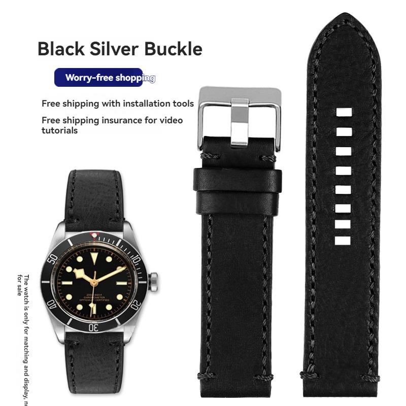 For TUDOR Black Bay Qicheng Bronze Little Red Flower Zenith Vintage Genuine Leather Watch Strap Men 22mm 23mm Cowhide Wristband
