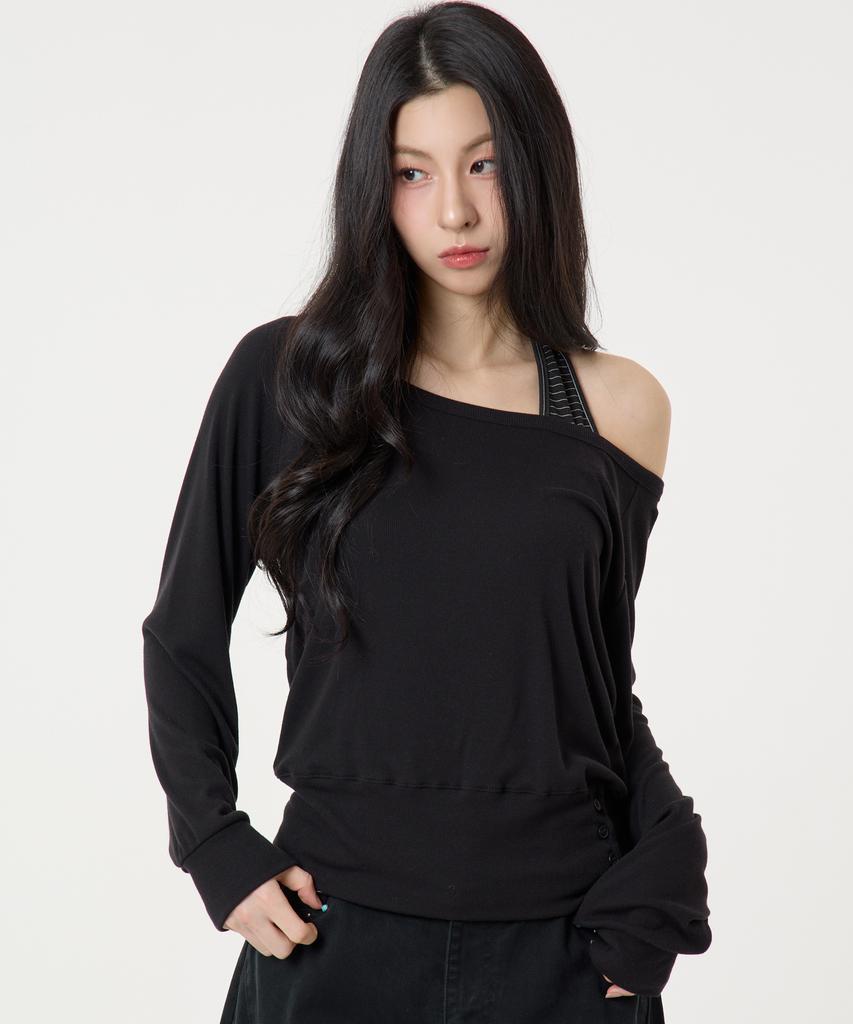 UNKNOWN PLANET [Set] Layered Striped Halter Top Long Sleeve T-Shirt Black