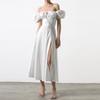 European American Women's Clothing Bubble Sleeves Vacation Style High-waist Split Solid Color Dress