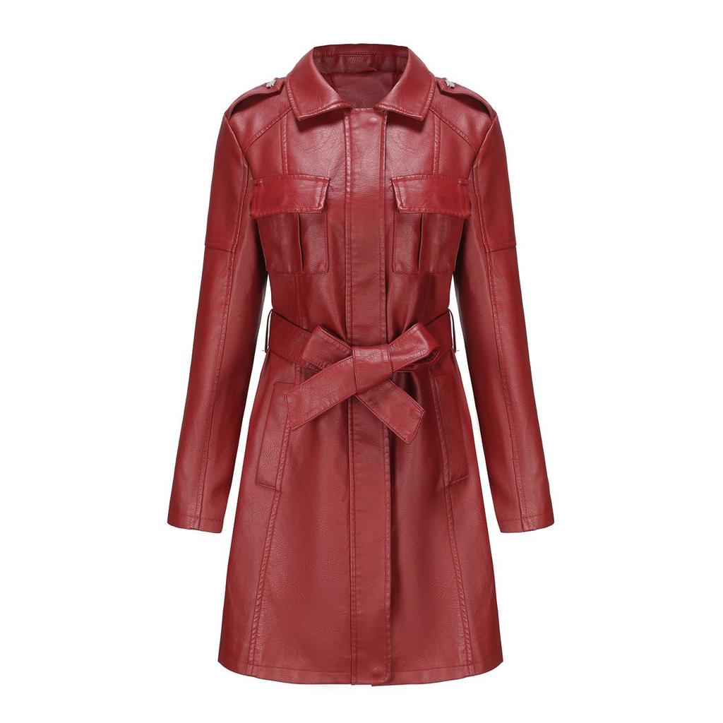 2023 European & American Mid-Length Belted Leather Trench Coat, Long Sleeve, British Style Outerwear for Women