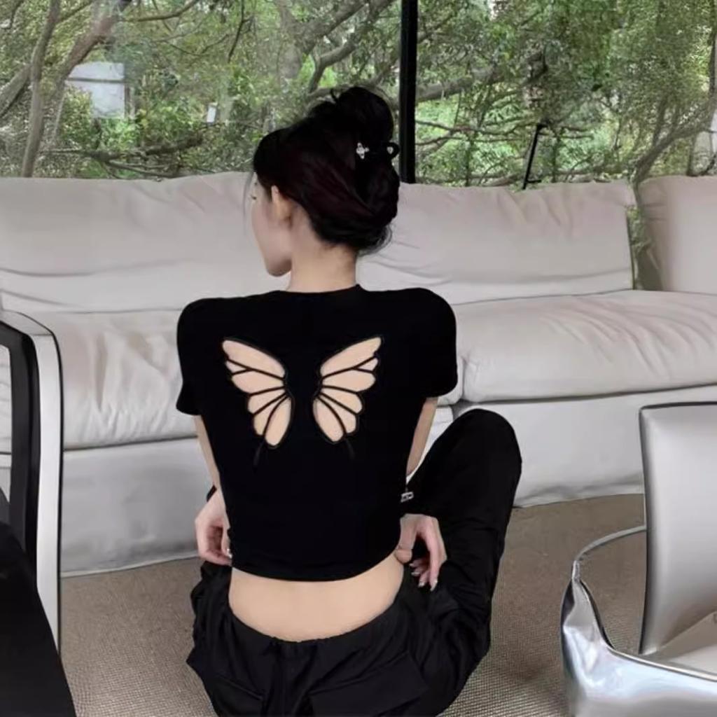 Hollow Bow Embroidery Front Shoulder Short Sleeve T-Shirt Women's Summer Navel Short Slim Skinny Spice Girl Top