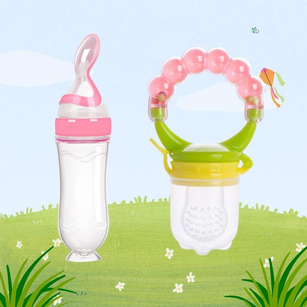 Baby Combo Set – Rattle Toy & Silicone Spoon Feeder Bottle (Pack of 2)