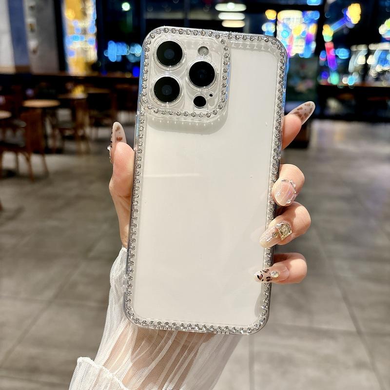 

Прозрачный тонкий чехол с бриллиантовой рамкой для iPhone 16 Pro Max 15 Pro 14 13 12 11, мягкий противоударный чехол из ТПУ для защиты линз, прозрачный чехол iPhone 12 прозрачный