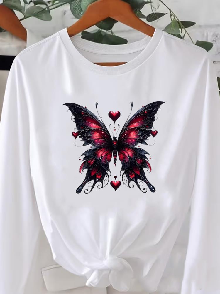 (Asian Size) butterfly flower cute Graphic Tee o-neck Print T Shirt Casual Clothing Women autumn winter spring Fashion Top Long Sleeve T-shirts