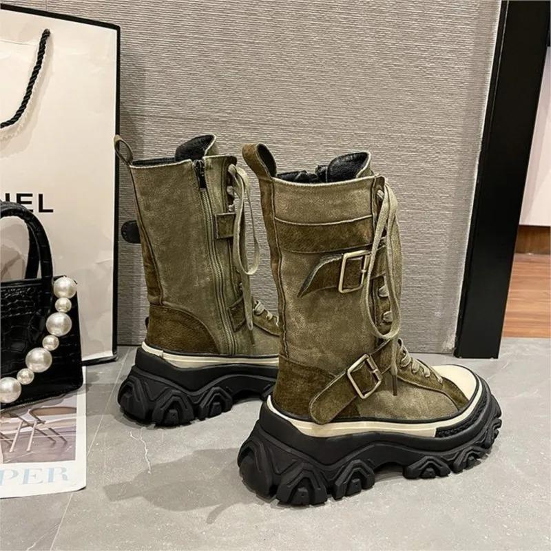 Stivali da Donna con Zeppa Alta Vintage Canvas Tooling Stivali da Cavaliere Alti alla Caviglia Punta Rotonda Suola Muffin Cerniera Laterale Fibbia a Cinturino Stivali